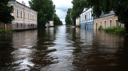 Cars are submerged in water on a main street following a thunderstorm, affecting shops on both sides