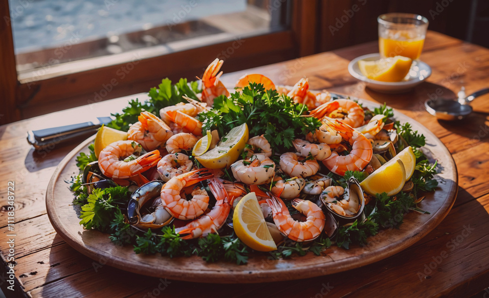 Poster a large plate of shrimp and lemon is on a wooden table. the plate is full of shrimp and lemon, and t