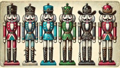 Naklejka premium Illustration von sechs klassischen Nussknackern in bunten Uniformen mit detailreichen Verzierungen auf neutralem Hintergrund. Perfekt für weihnachtliche oder nostalgische Designs. Generative KI