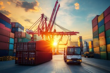 Large Crane Moving Containers at Shipping Port