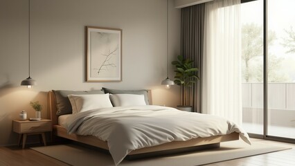 Serene modern bedroom with minimalist decor and natural lighting.