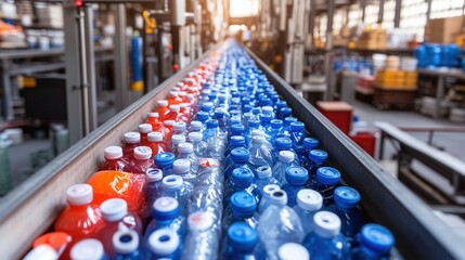 Obraz premium High-speed conveyor with bottles in industrial production line at modern factory.