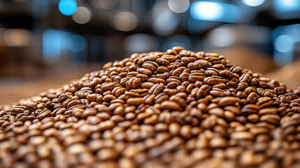 Obraz premium Freshly roasted coffee beans create rich, aromatic pile, showcasing their glossy surface and deep brown color, perfect for brewing delightful cup