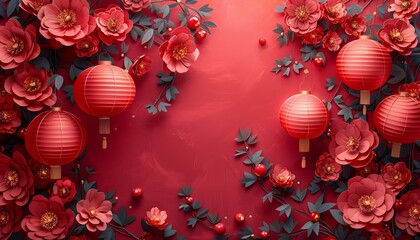 Chinese New Year Celebration Lanterns and Cherry Blossom Illustration