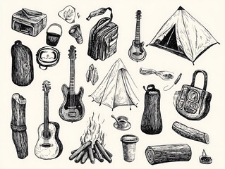 Obraz premium Adventure Essentials: A Hand-Drawn Camping Collection