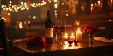 Romantic Candlelit Dinner Table Setting with Roses and Wine