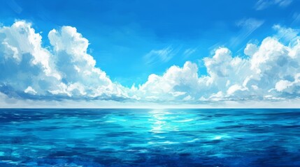 Obraz premium Painting style illustration of a beautiful, peaceful tropical ocean lagoon with clear waters, lush greenery, and vibrant blue skies – perfect for banner backgrounds and wallpaper