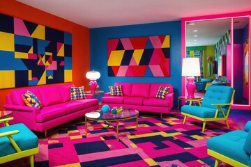 Bold colorful living room with vibrant 1980s retro decor
