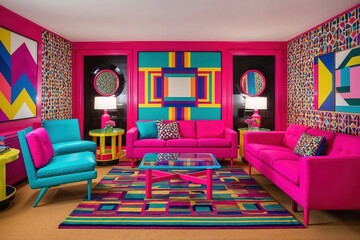 Bold colorful living room with vibrant 1980s retro decor
