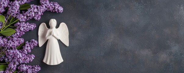 Always loved and remembered. A serene angel figure with lilac flowers on a dark backdrop.