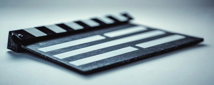A close-up of a film clapperboard, commonly used in movie production to mark scenes and take numbers.