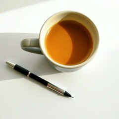 Ai generated a cup of latte coffee and a pen on the table, afternoon atmosphere