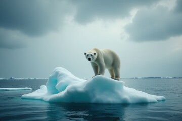 Polar bear on iceberg in arctic ocean with overcast skies.