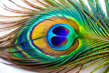 Obraz premium A vibrant peacock feather showcasing striking colors and intricate patterns, highlighting the beauty of nature.