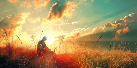 A man stands in a field with the sun behind him
