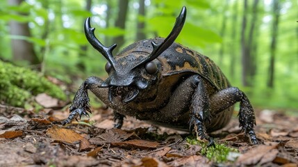 Large, horned beetle on forest floor, detailed close-up.