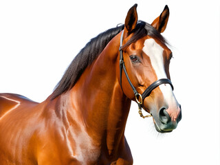 A stunning image of a brown horse with a shiny coat and a sleek mane, showcasing its elegance and strength against a clean background.