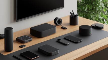 Modern minimalist tech devices and accessories on a wooden desk.