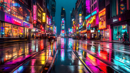 Fototapeta premium A Breathtaking Neon Cityscape: Illuminated Buildings and Bustling Streets Creating an Urban Fantasy at Night