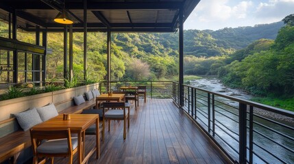 Fototapeta premium Serene Riverside Deck with Wooden Furniture and Lush Greenery