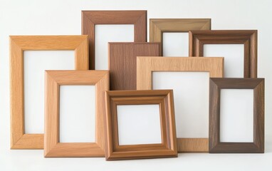 A collection of wooden picture frames of various sizes and colors
