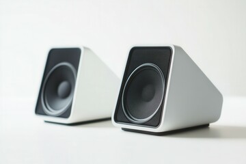 Obraz premium Modern minimalist white computer speakers with black grills on a clean surface.