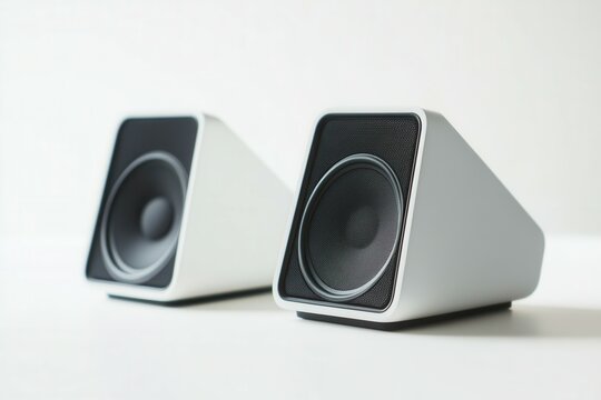 Modern minimalist white computer speakers with black grills on a clean surface.