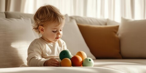 Fototapeta premium Playful baby engaged with colorful toys in cozy living room setting