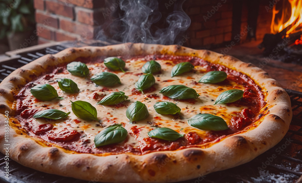 Poster a pizza with basil leaves on top is being cooked on a grill. the pizza is covered in cheese and has 