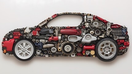 Fototapeta premium A creative representation of a car made from various mechanical parts, showcasing intricate details and vibrant colors.