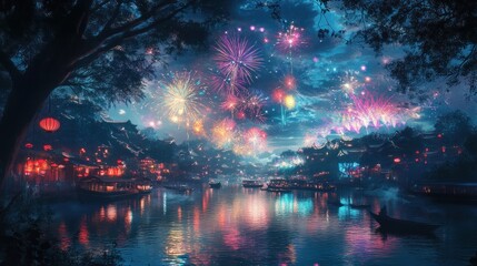 Obraz premium Festive fireworks display over a tranquil Asian town at night, reflected in a calm river.