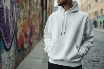 Obraz premium Young caucasian male in white hoodie standing by colorful grafitti on urban street.