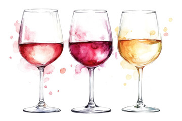 Three elegant wine glasses filled with red and white wine are artistically depicted in watercolor. Soft splashes of color enhance the vibrant presentation of the beverages