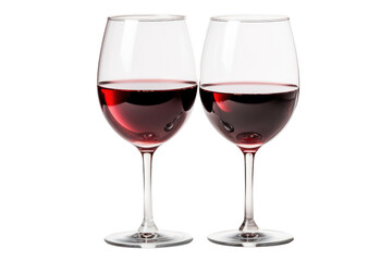 Two elegant wine glasses clinking together, filled with a rich red wine, the glasses catching the light in a soft glow, isolated on white background