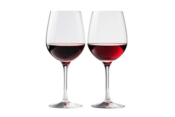 Two elegant wine glasses clinking together, filled with a rich red wine, the glasses catching the light in a soft glow, isolated on white background