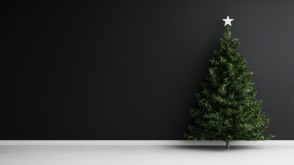 Simple and elegant Christmas tree decorated with a star against a dark wall