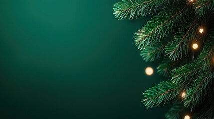 Sparkling Christmas tree branches adorned with warm lights close-up against a dark backdrop