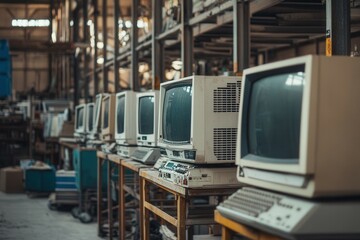 Retro computer warehouse with vintage monitors and keyboards in industrial setting.