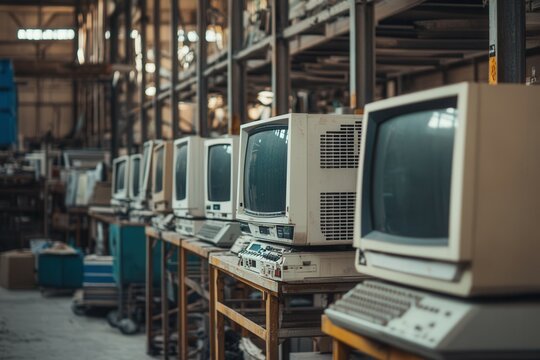 Retro computer warehouse with vintage monitors and keyboards in industrial setting.