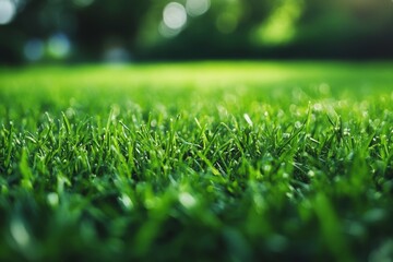 Naklejka premium Lush Green Grass Close Up with Bokeh Background