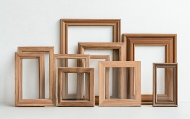 Obraz premium A collection of wooden picture frames are displayed on a white background