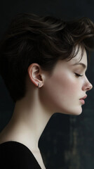 Fototapeta premium Side profile of a woman with short hair and closed eyes in a reflective pose.
