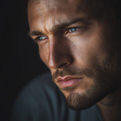 Obraz premium Close-up of a man with a piercing gaze and a serious expression.