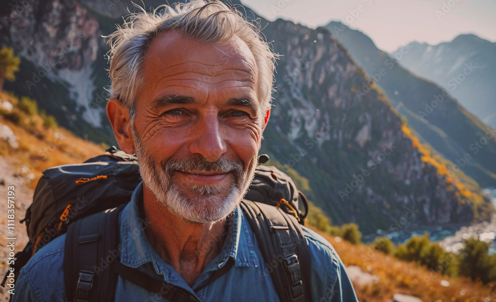 Poster a man with a backpack is smiling and looking at the camera. concept of adventure and excitement, as 