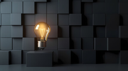 Minimalist 3d geometric composition with illuminated light bulb symbolizing marketing innovation. Prism. Illustration