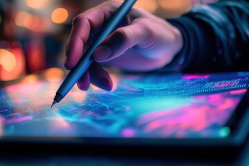Close-up of female hand using stylus on digital tablet in vibrant neon light.