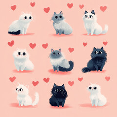 Nine Cute Cats with Hearts Background