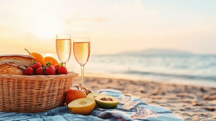 Fototapeta premium Sunset Picnic with Fruits and Bubbly by the Beach Shoreline