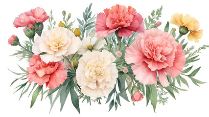 Delicate Watercolor Carnations with Wildflowers – Artistic Floral Illustration