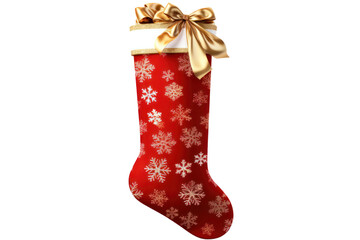 Red Christmas stocking with a snowflake pattern and golden ribbon lying flat with gifts peeking out isolated on white background